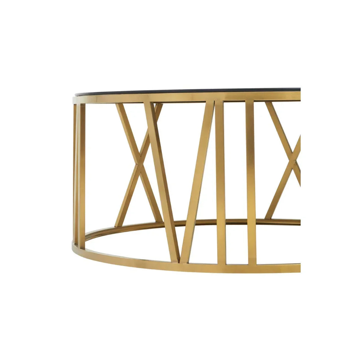 Round coffee table with gold metal frame and geometric cross detailing