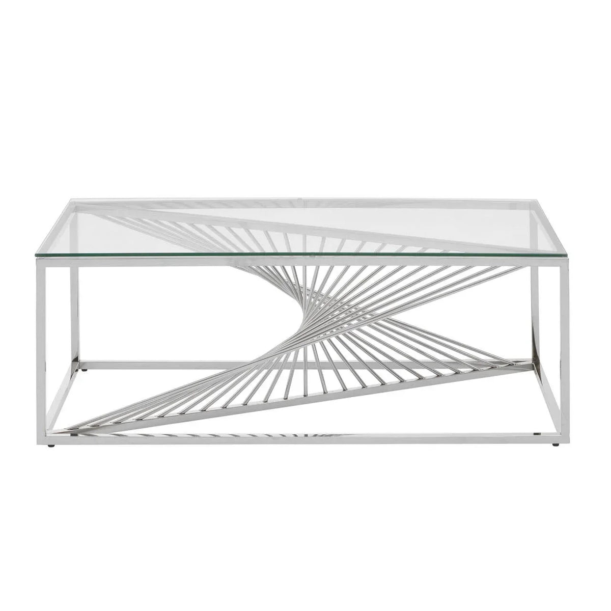 Glass top coffee table with chrome metal geometric base, modern rectangular design