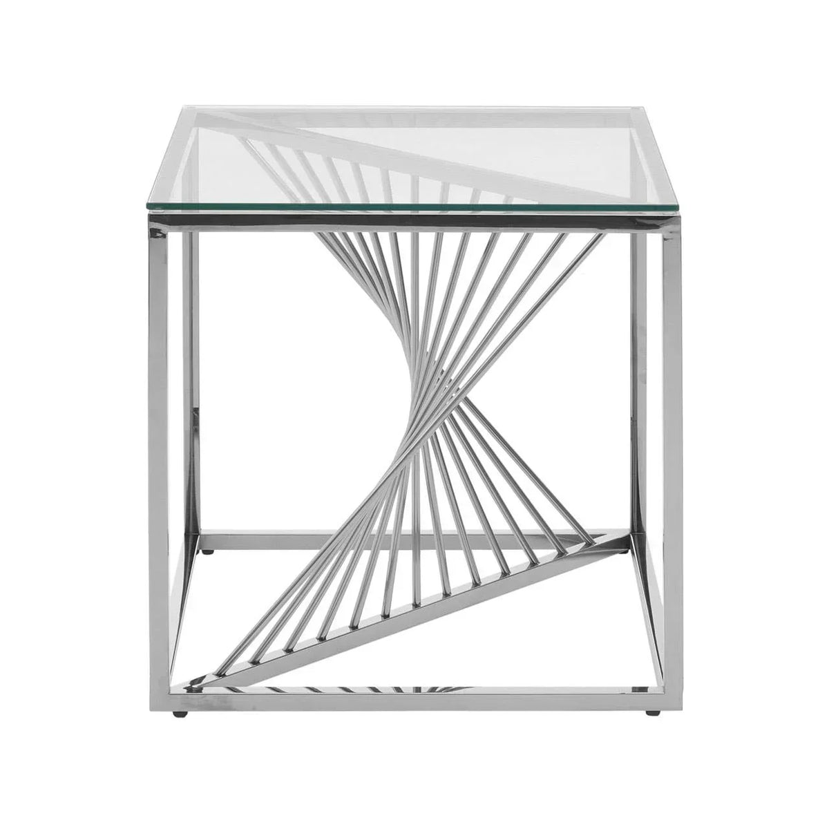 Square glass side table with twisted chrome metal base, modern geometric design