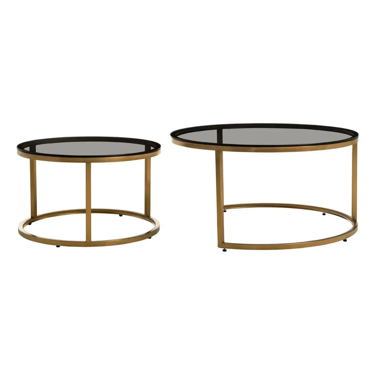 Round glass coffee table set with gold metal frames on white background