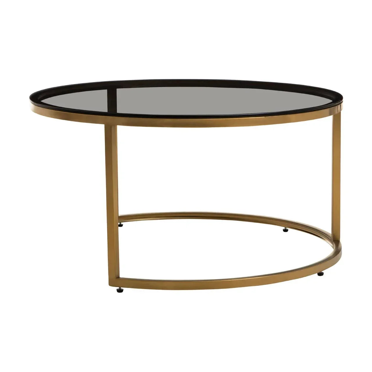 Round glass coffee table with gold metal frame and minimalist design