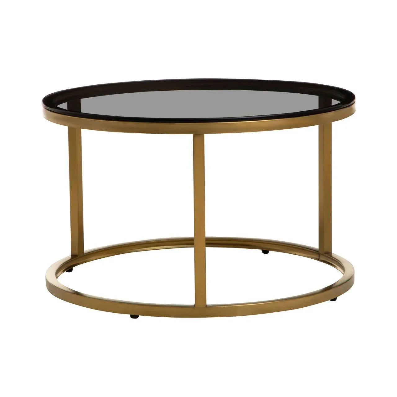 Round glass coffee table with gold metal frame and modern open base