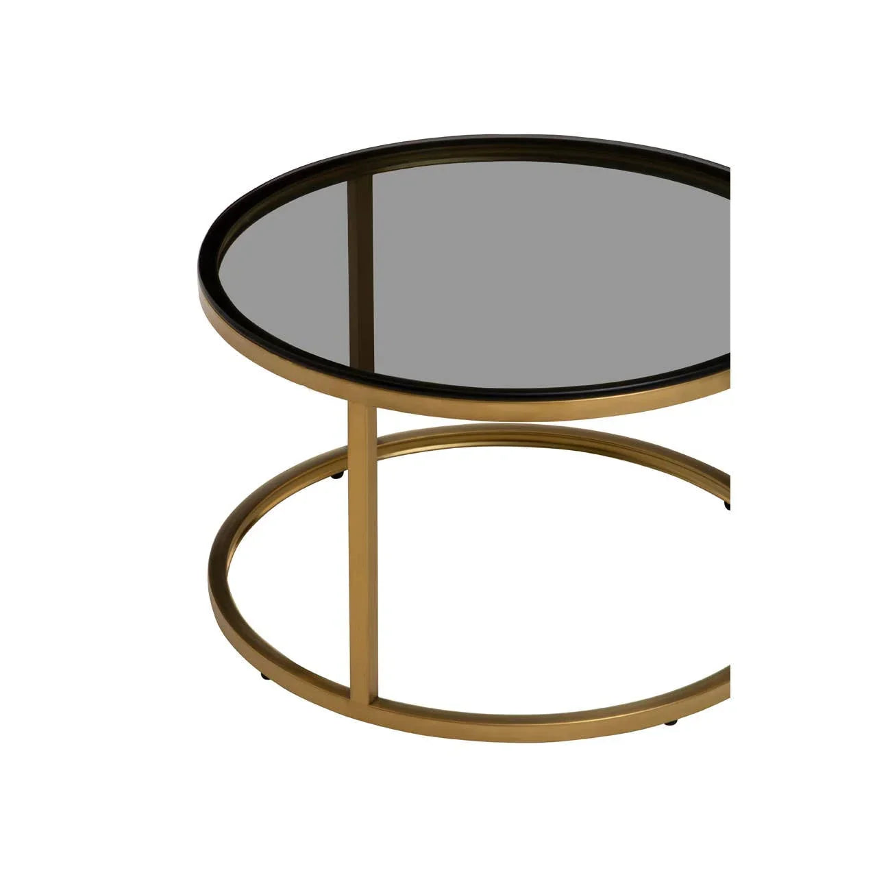 Round glass coffee table with gold metal frame, modern circular base design