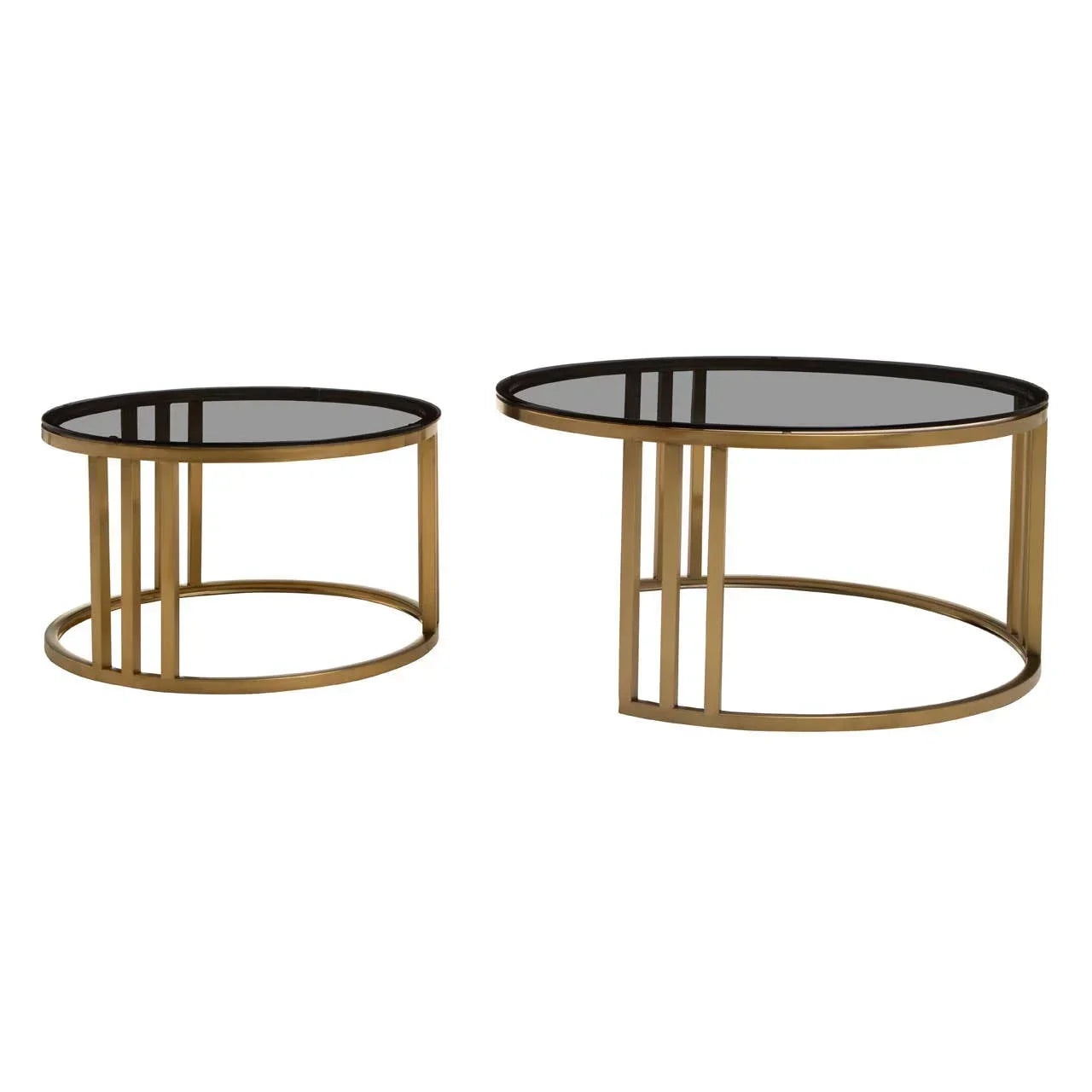 Nest of two round glass coffee tables with gold metal frames