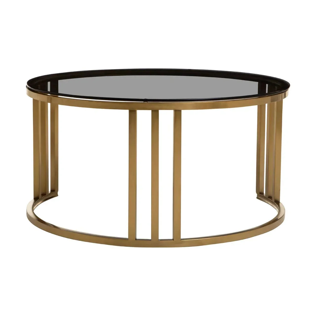 Round glass coffee table with gold metal frame, modern design, studio background