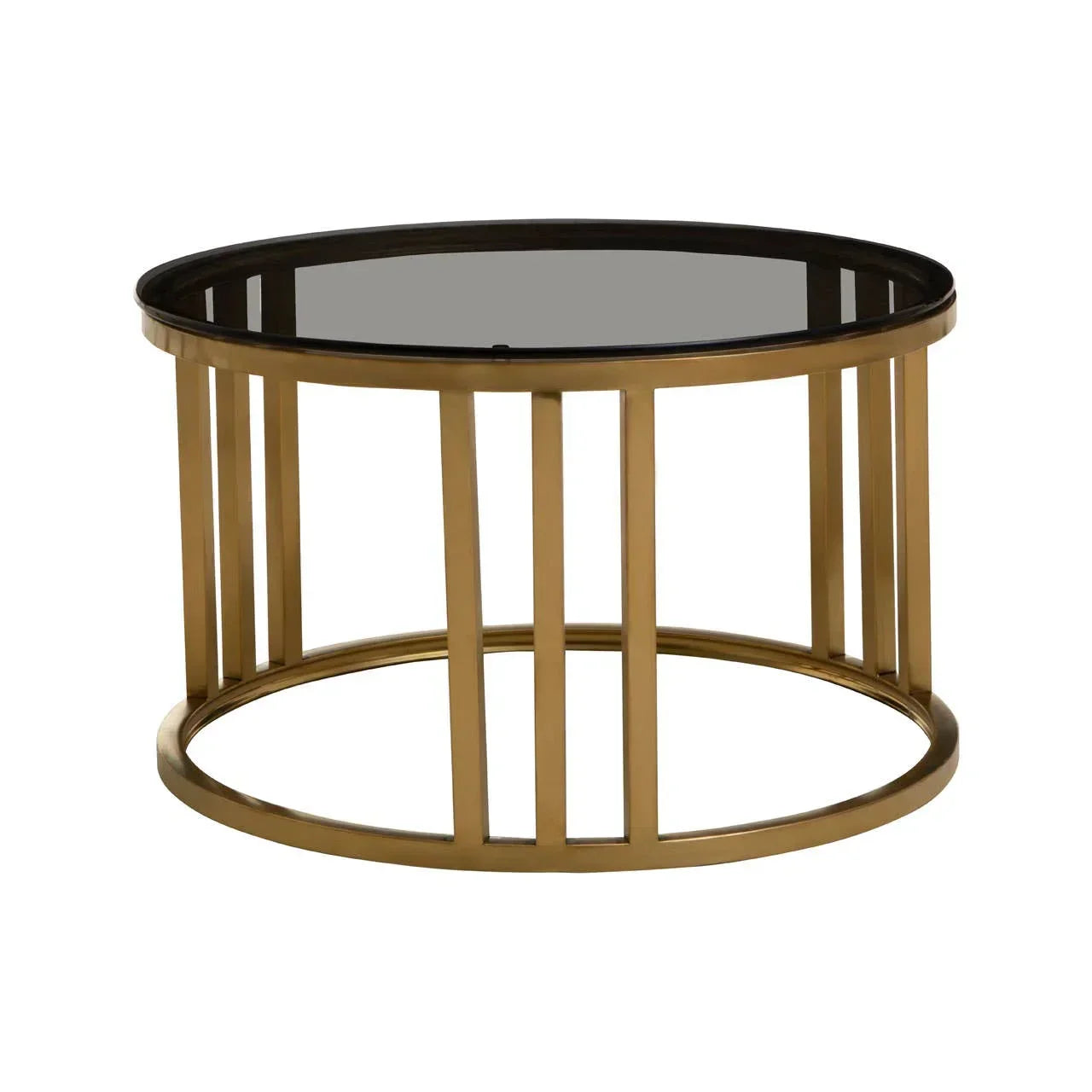 Round glass top coffee table with gold metal frame and modern open base design
