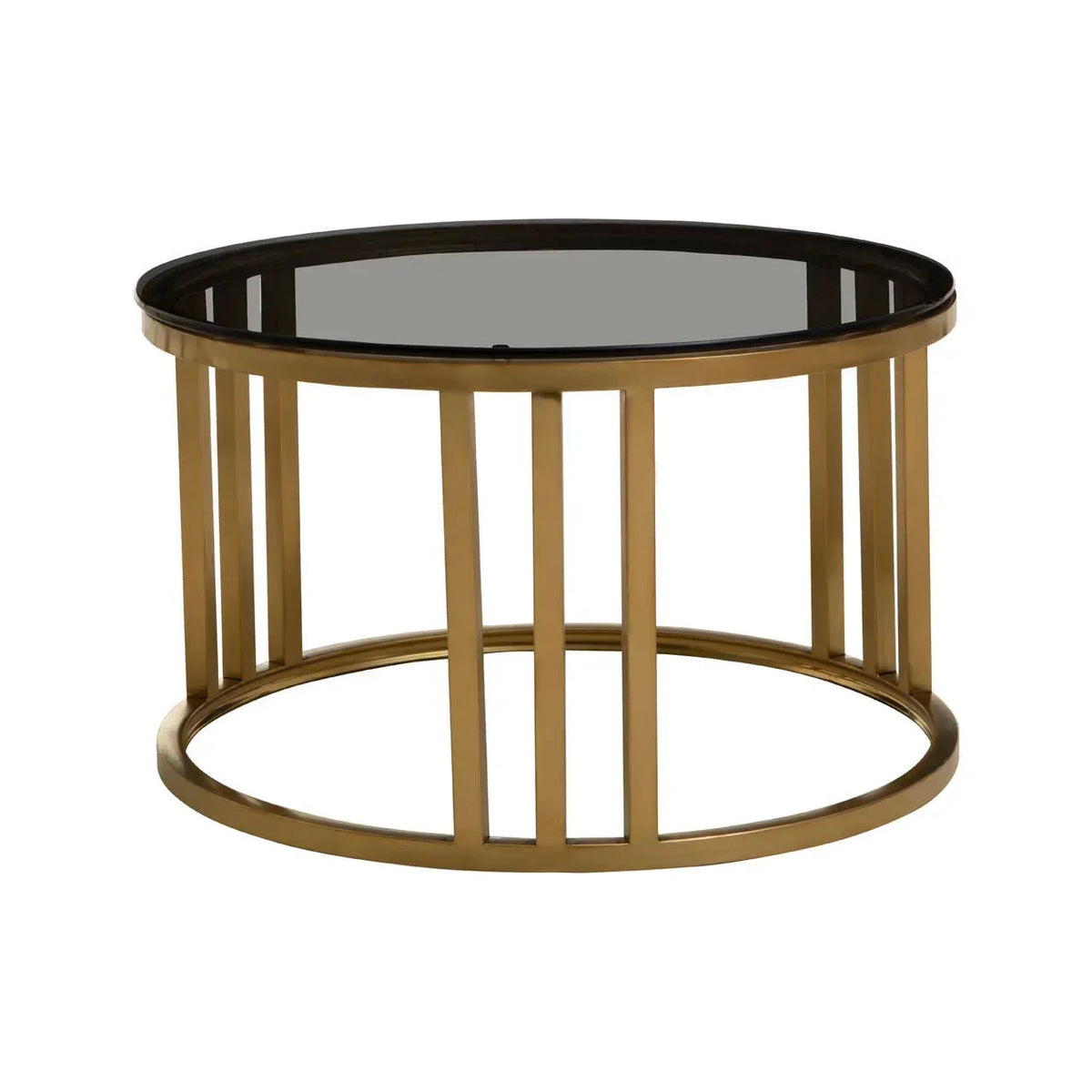 Round glass top coffee table with gold metal frame and modern open base design