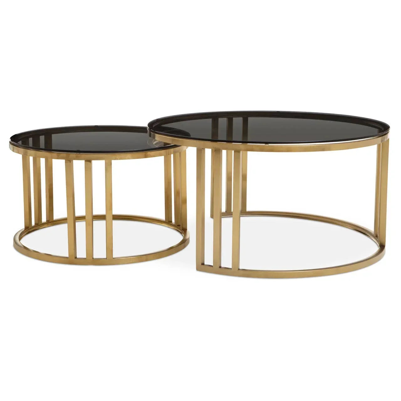 Round nesting coffee tables with gold metal frames and black glass tops
