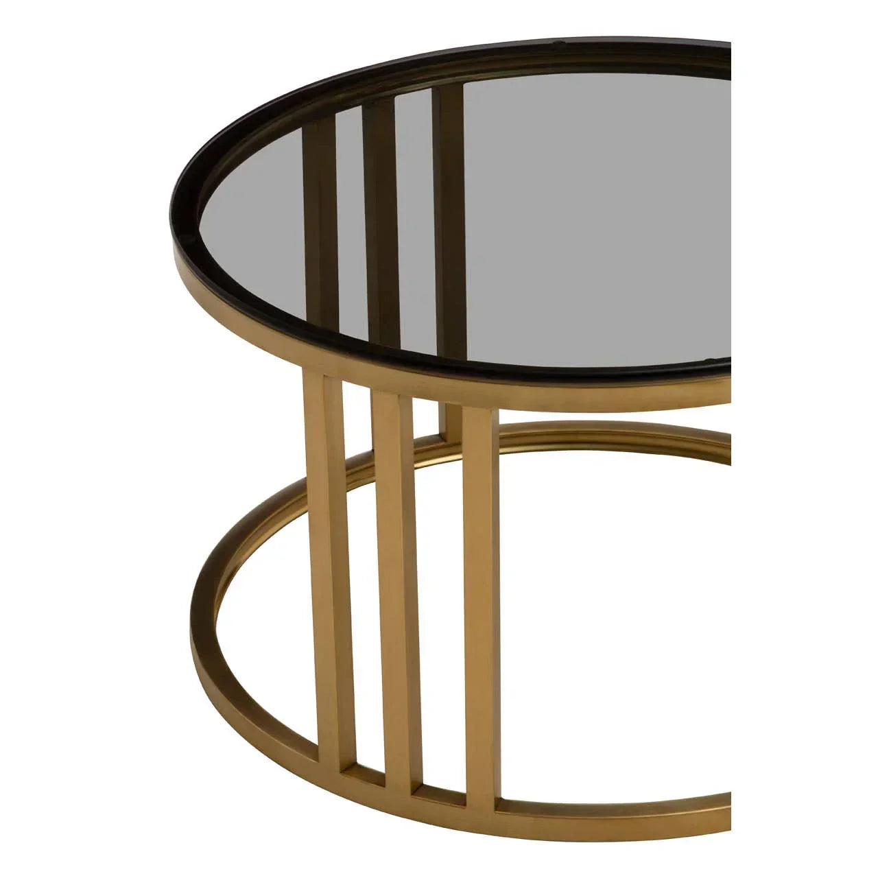 Round glass coffee table with gold metal frame, modern side view detail