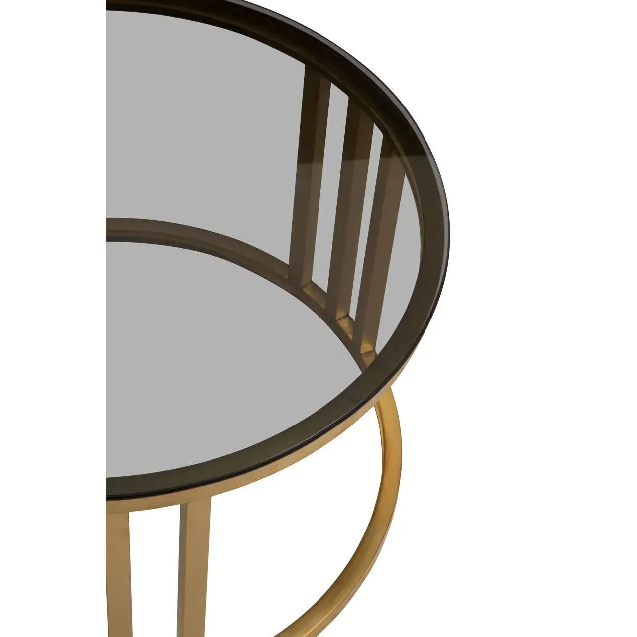 Round glass coffee table with gold metal frame, closeup of top and base details