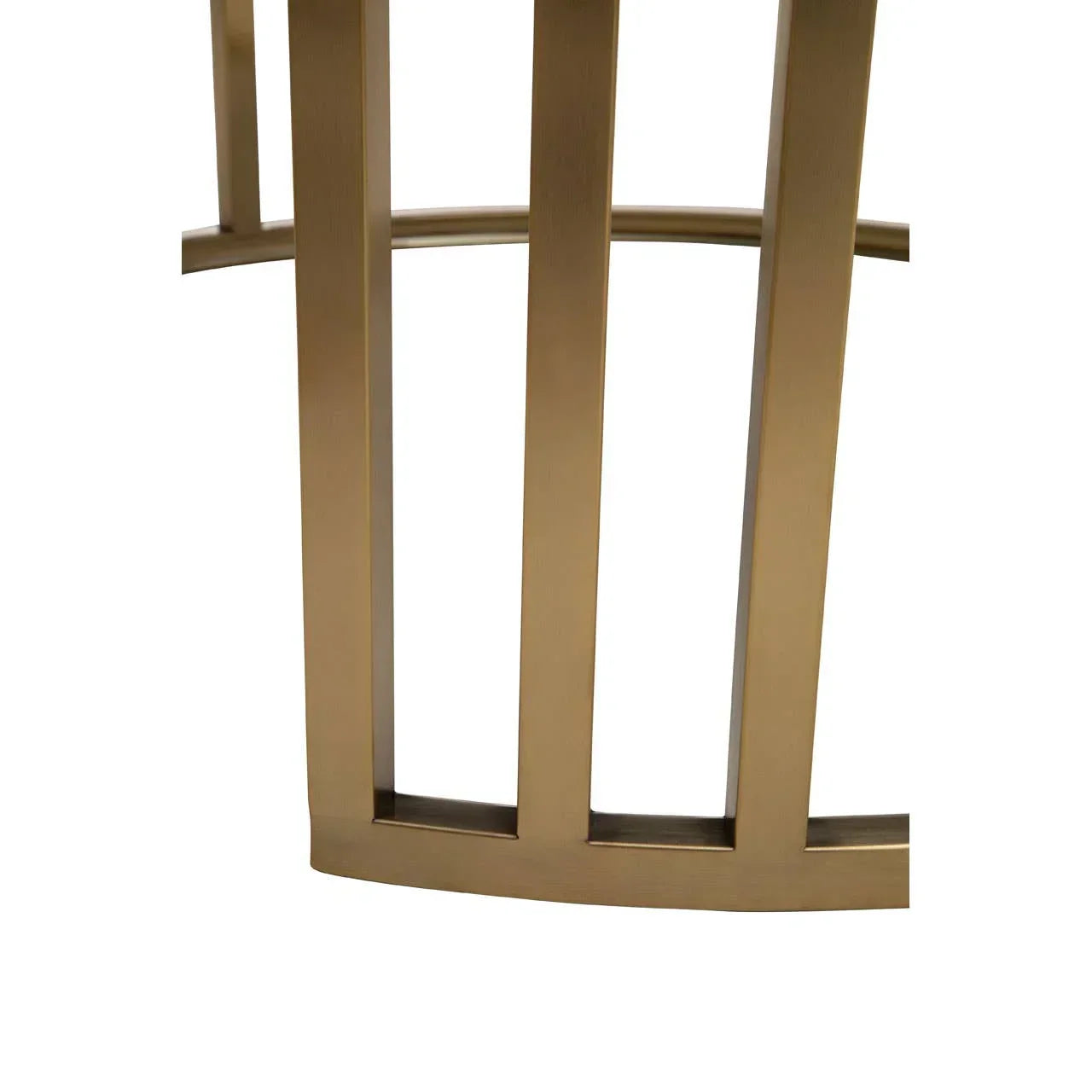 Close up of gold metal table base with vertical bars and brushed finish