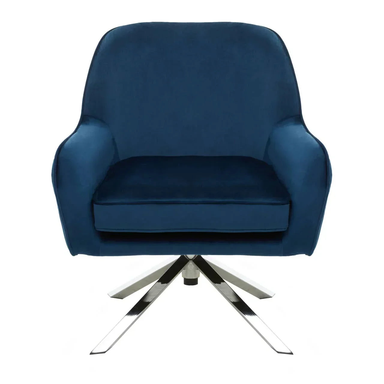 Blue velvet accent swivel chair with chrome metal base, front view