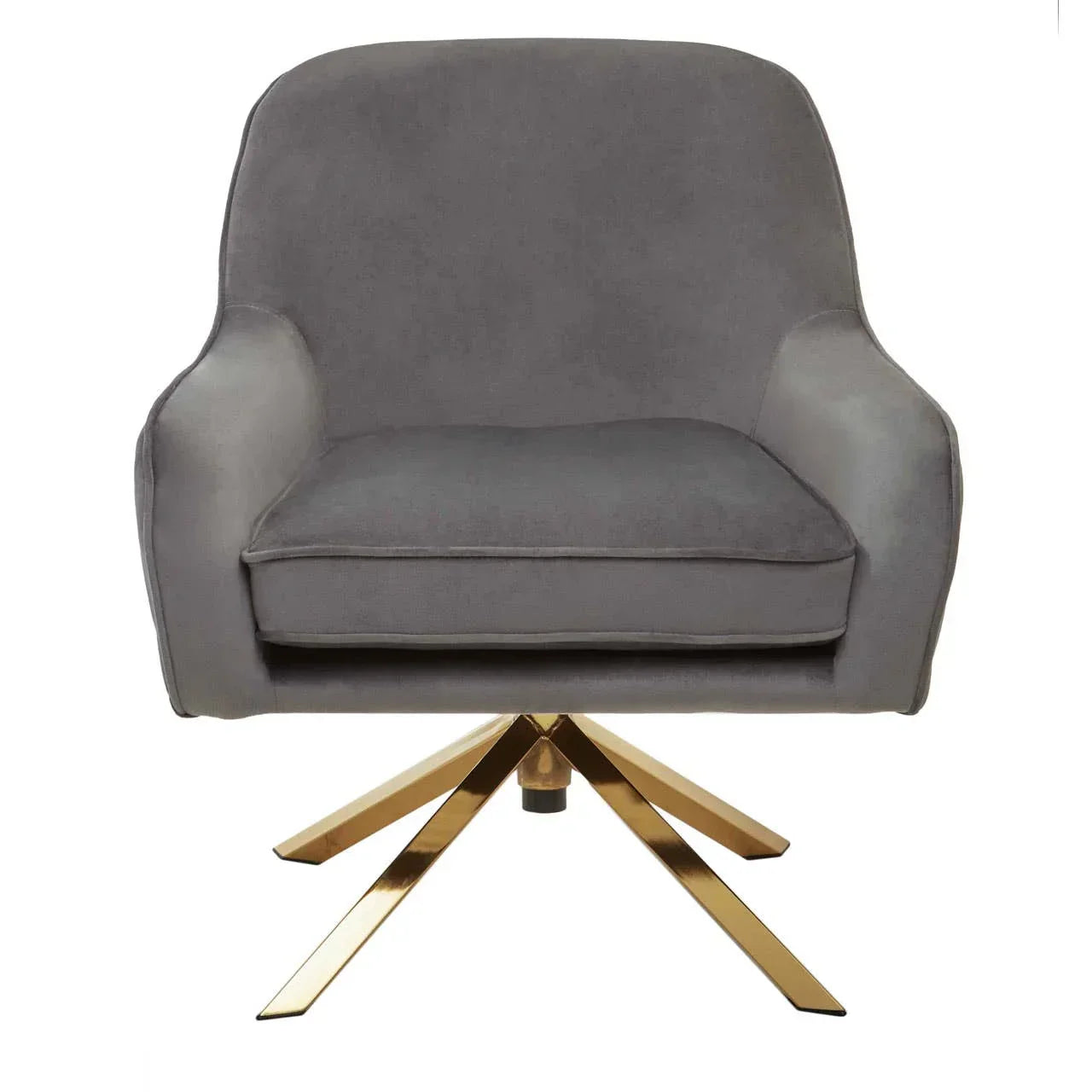 Grey velvet accent chair with gold metal swivel base, front view