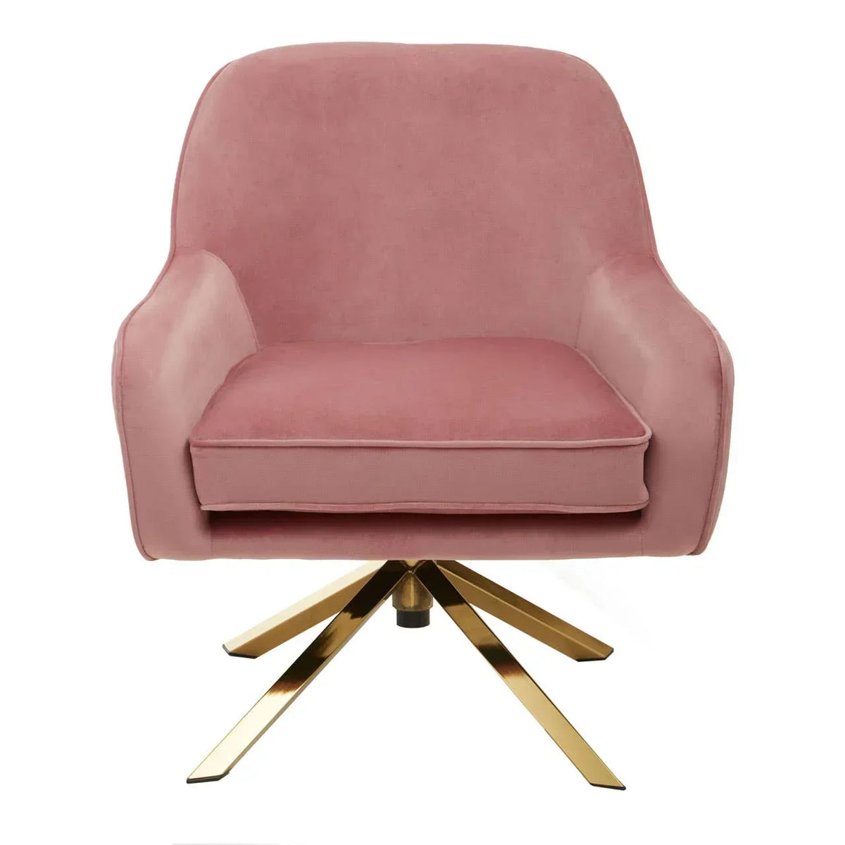 Pink velvet accent chair with gold metal swivel base, front view