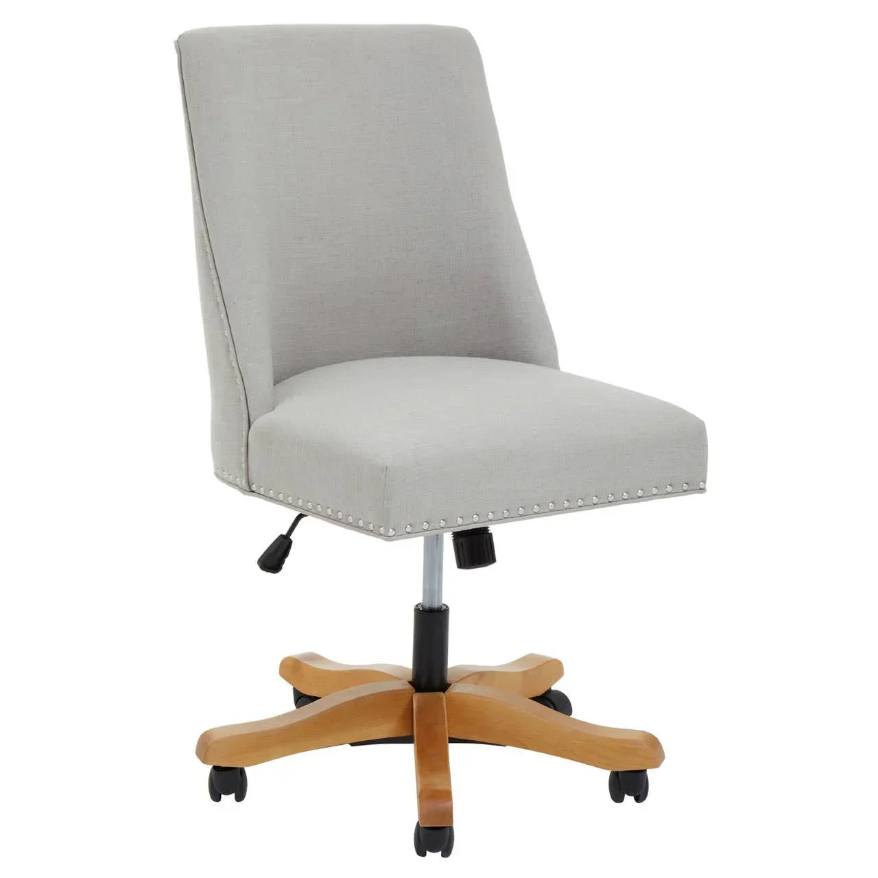 Light grey fabric office chair with wooden base and nailhead trim on castor wheels