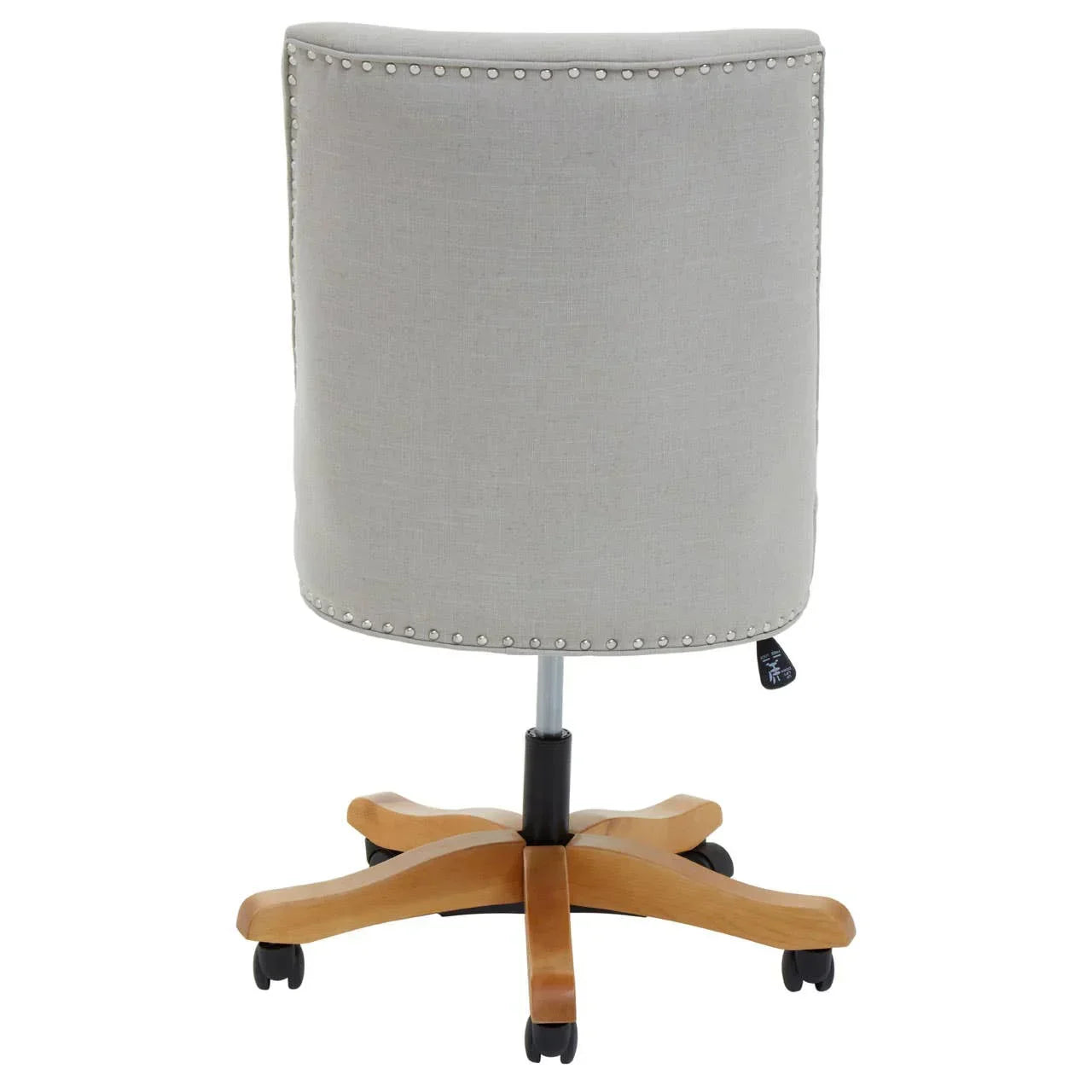 Light grey upholstered office chair with wooden base, rear view