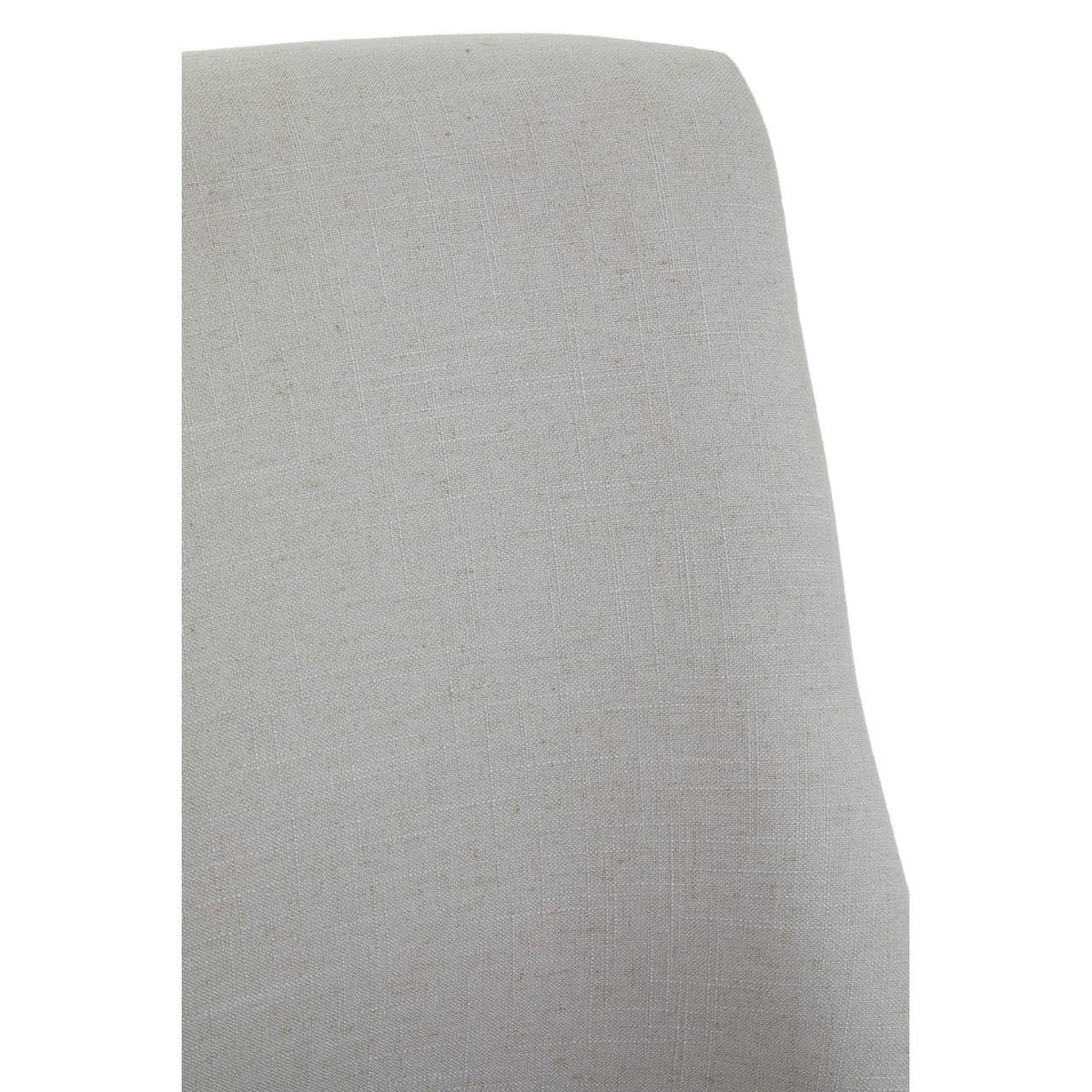 Closeup of light grey fabric upholstered dining chair backrest