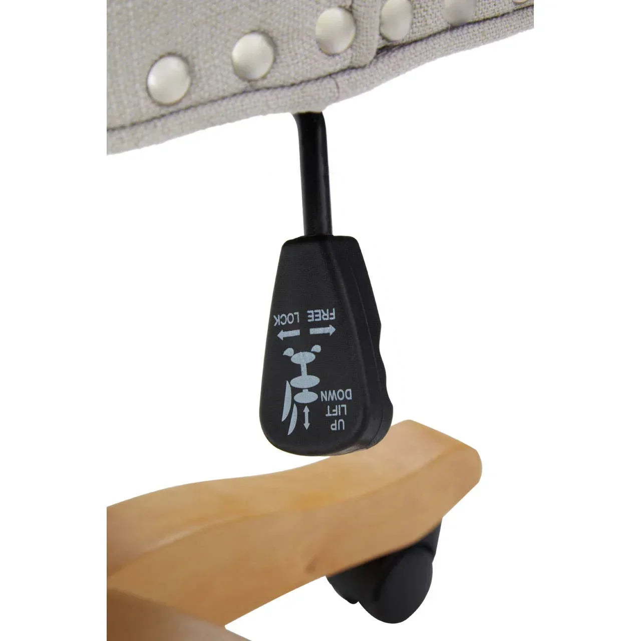 Office chair height adjustment lever with lift and lock instructions, wooden base visible