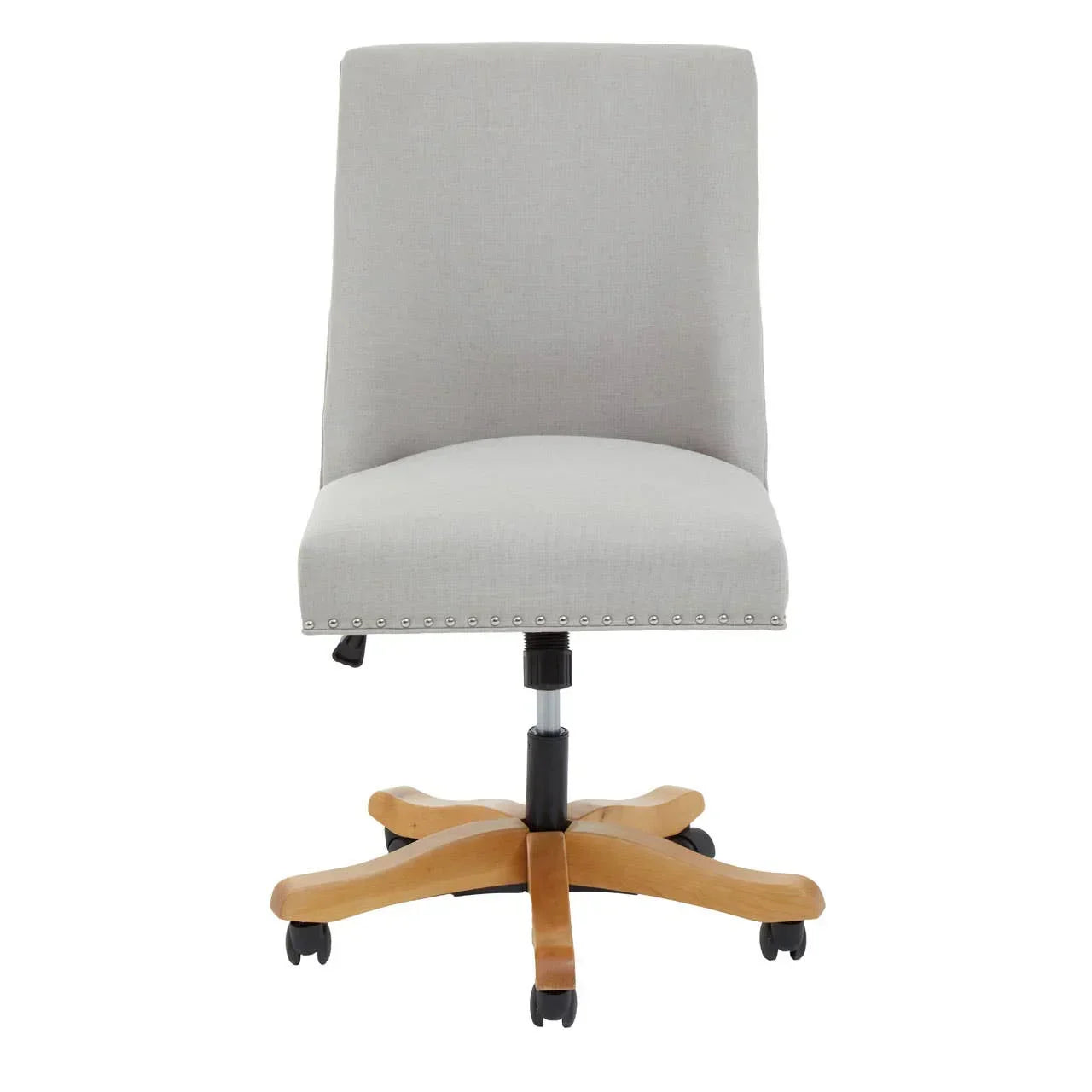 Light grey fabric office chair with wooden base and casters, front view