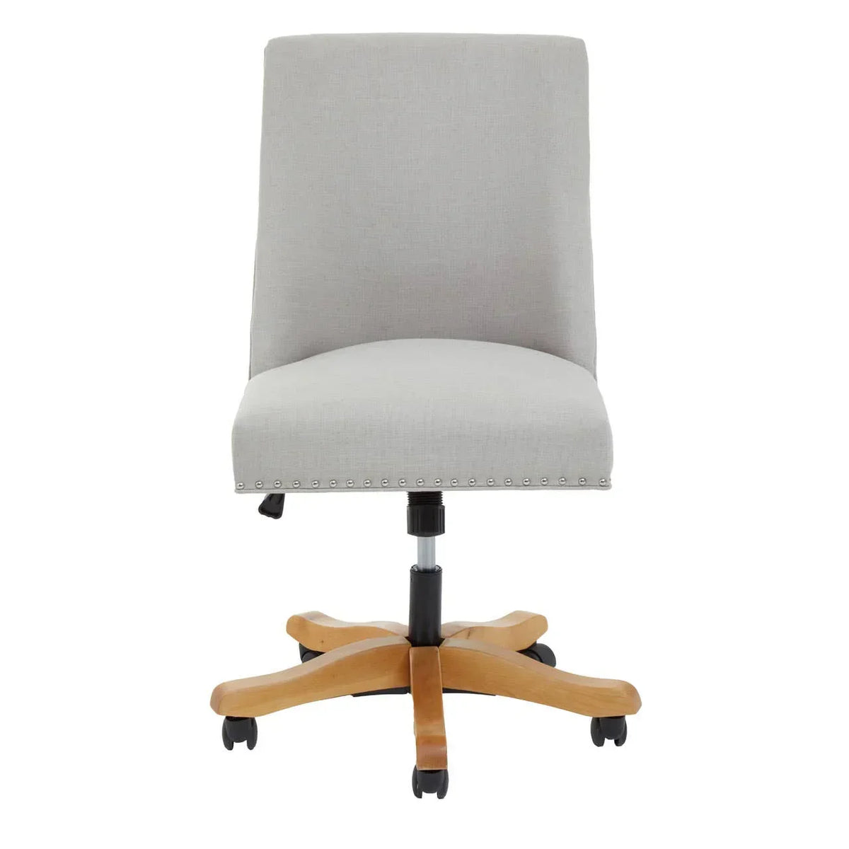 Light grey fabric office chair with wooden base and casters, front view