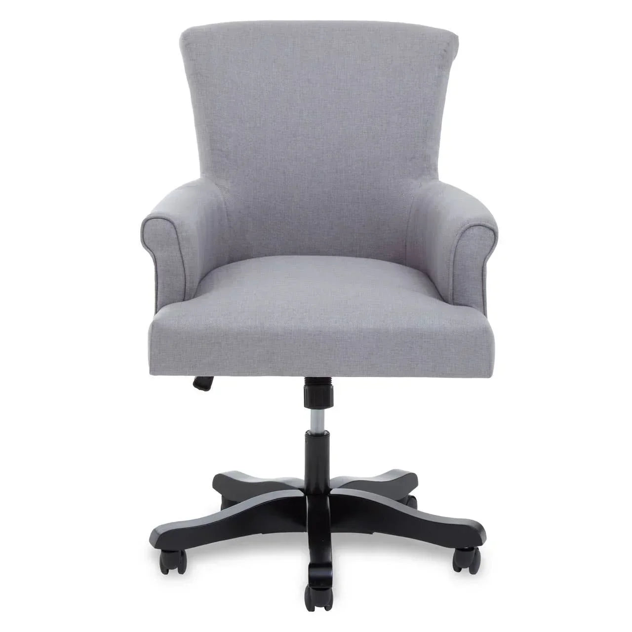 Grey fabric office chair with padded arms and black wheeled base, front view
