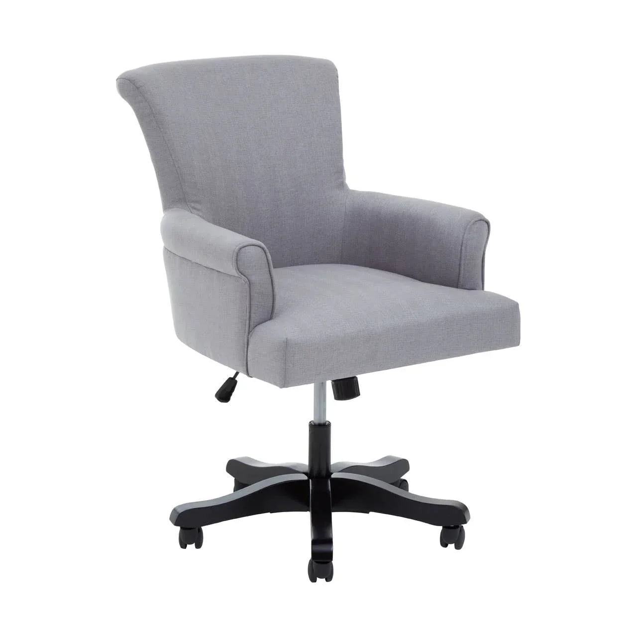 Light grey fabric office chair with armrests and black swivel base on castor wheels