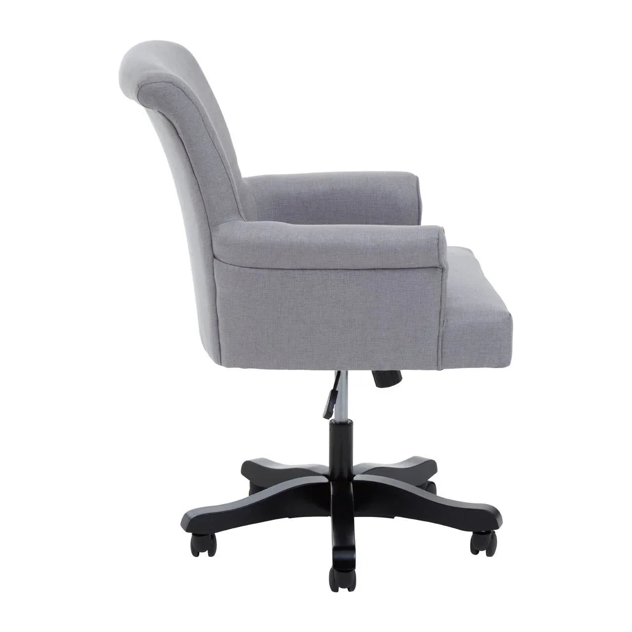 Side view of grey fabric office chair with padded arms and black wheeled base