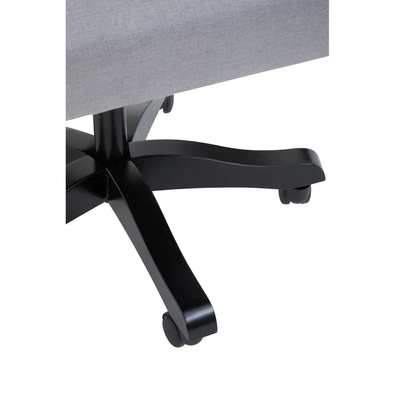 Black wooden chair leg base with wheels and grey upholstered seat