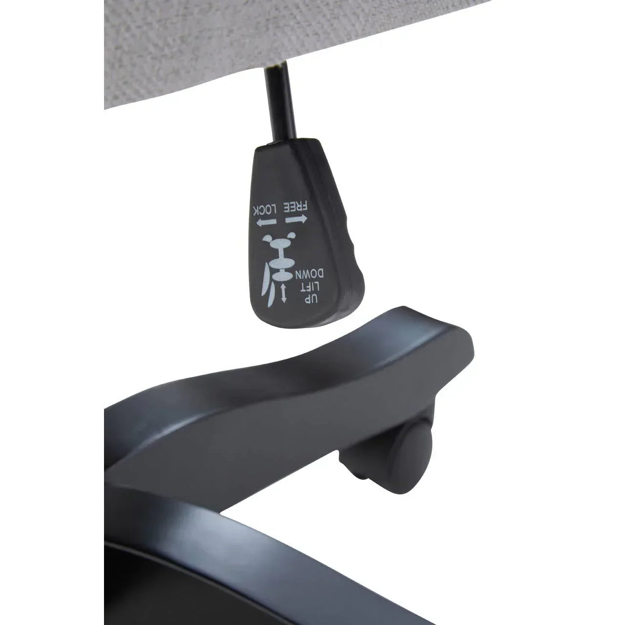 Office chair height adjustment lever and base with black caster wheel close-up