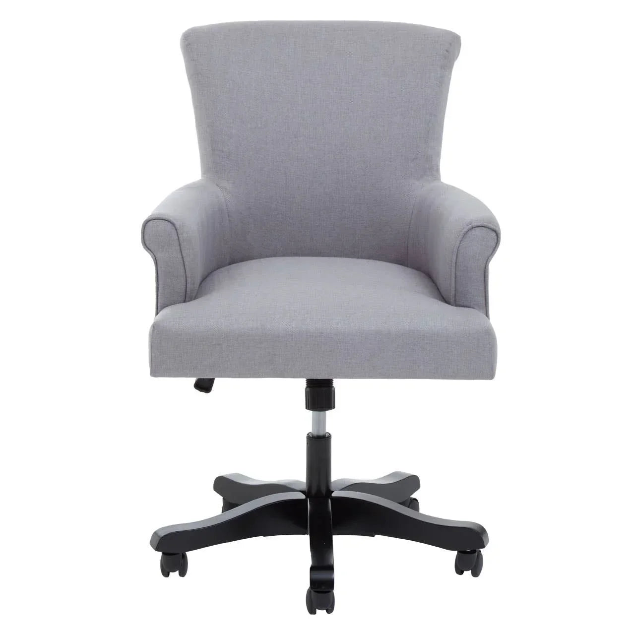 Grey fabric office chair with padded armrests and black wheeled base, front view