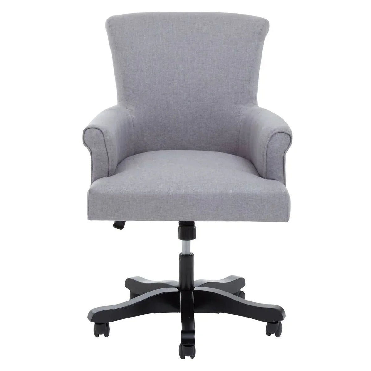Grey fabric office chair with padded armrests and black wheeled base, front view