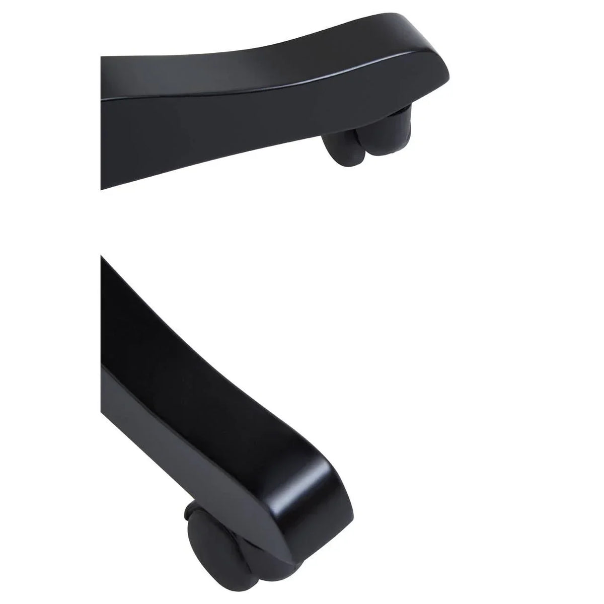 Black furniture caster wheels on curved wooden legs, close-up detail
