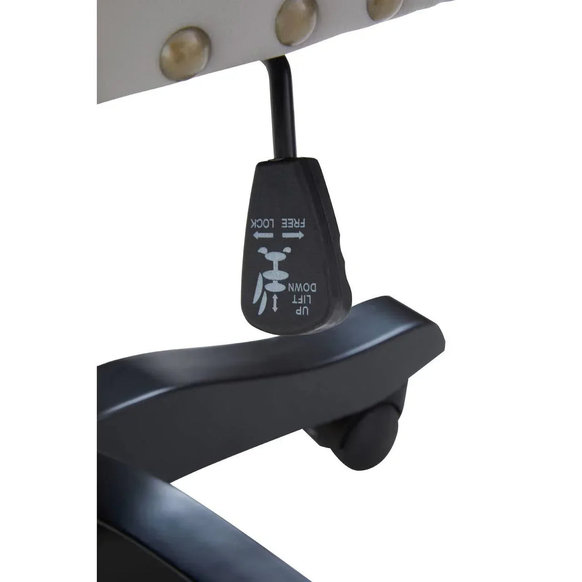Office chair height adjustment lever with caster wheel and nailhead trim detail