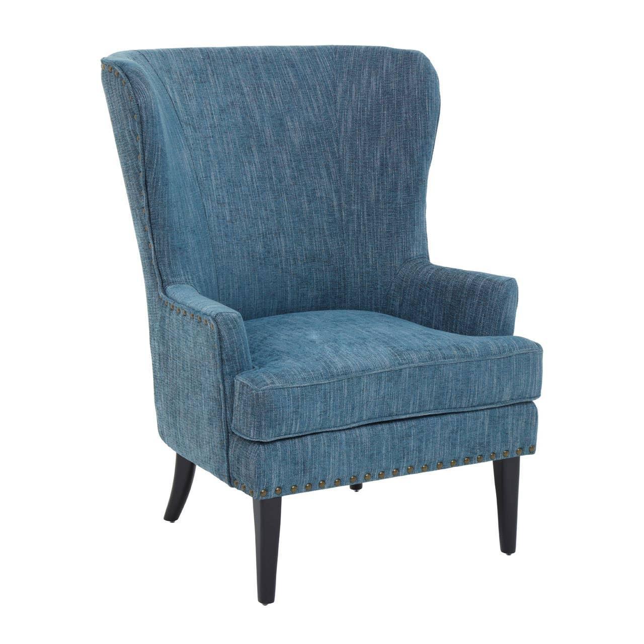 Blue fabric accent chair with high wingback, cushioned seat and dark wooden legs