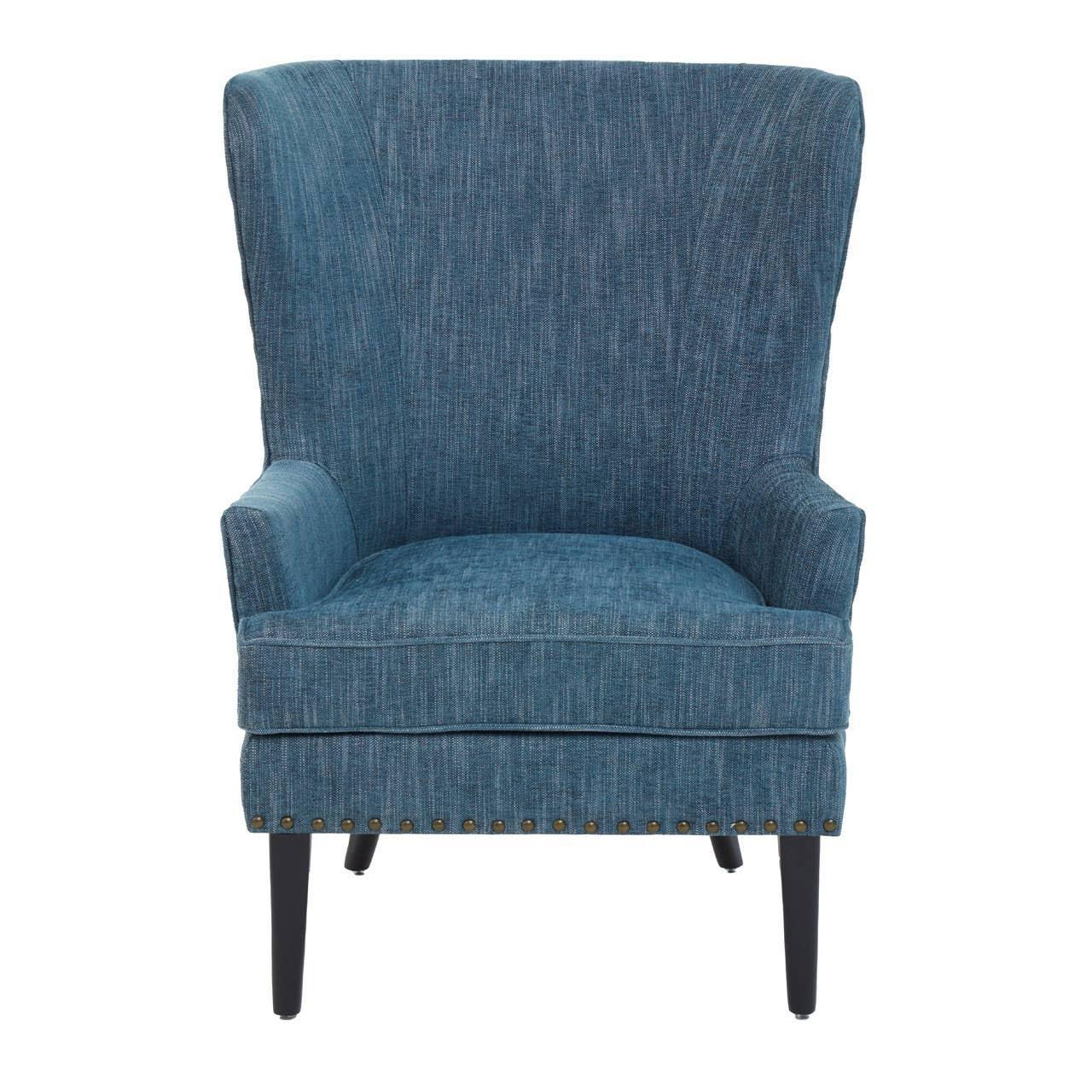 Blue fabric armchair with high back, slim arms, and dark wooden legs, front angle view