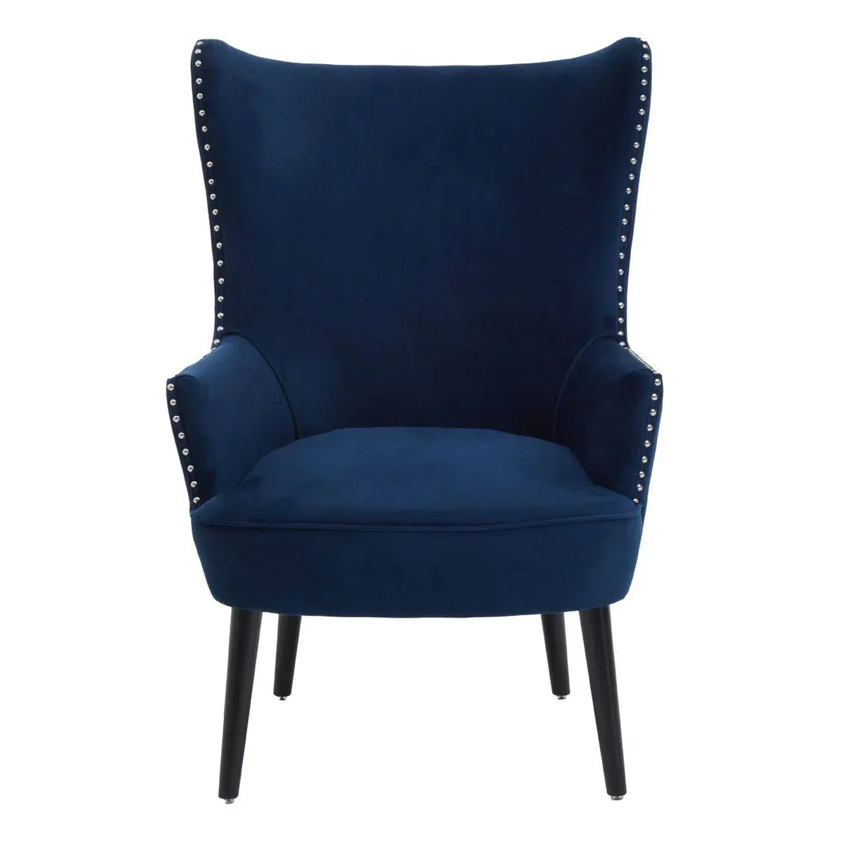 Navy blue velvet accent chair with high back, silver stud detailing, and black wooden legs
