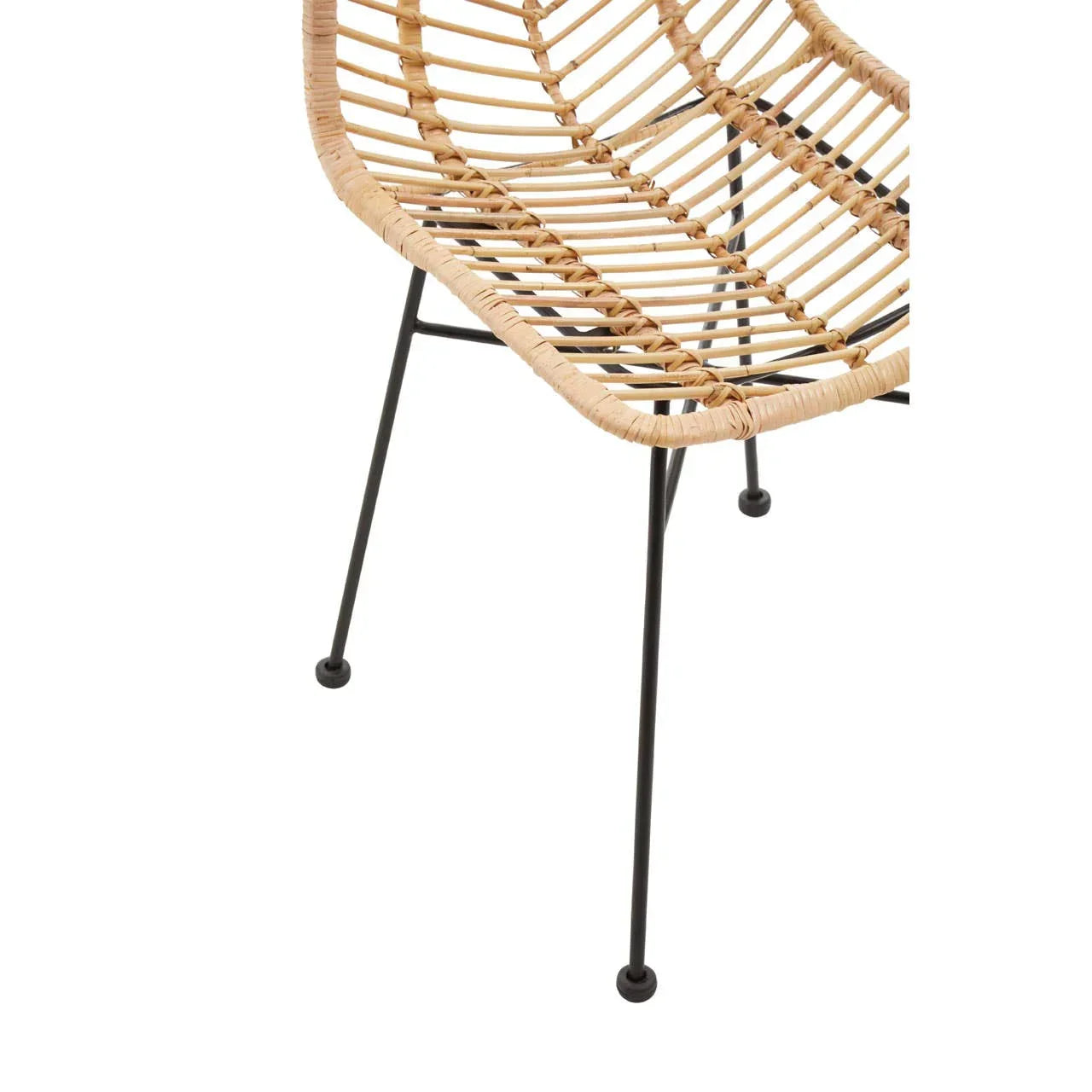 Closeup of rattan chair seat and black metal legs, modern furniture design