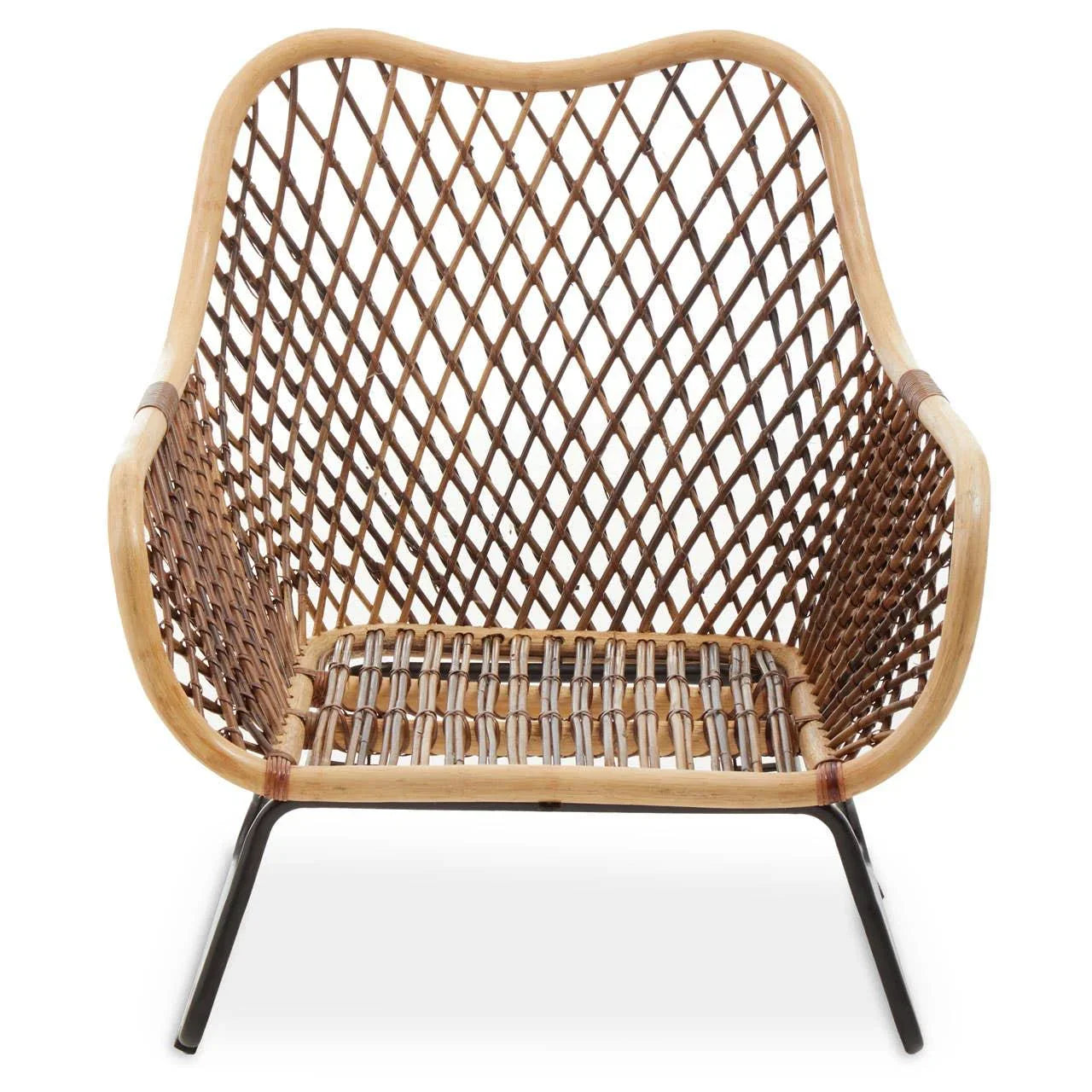 Natural rattan lounge chair with curved frame and black metal legs, front view
