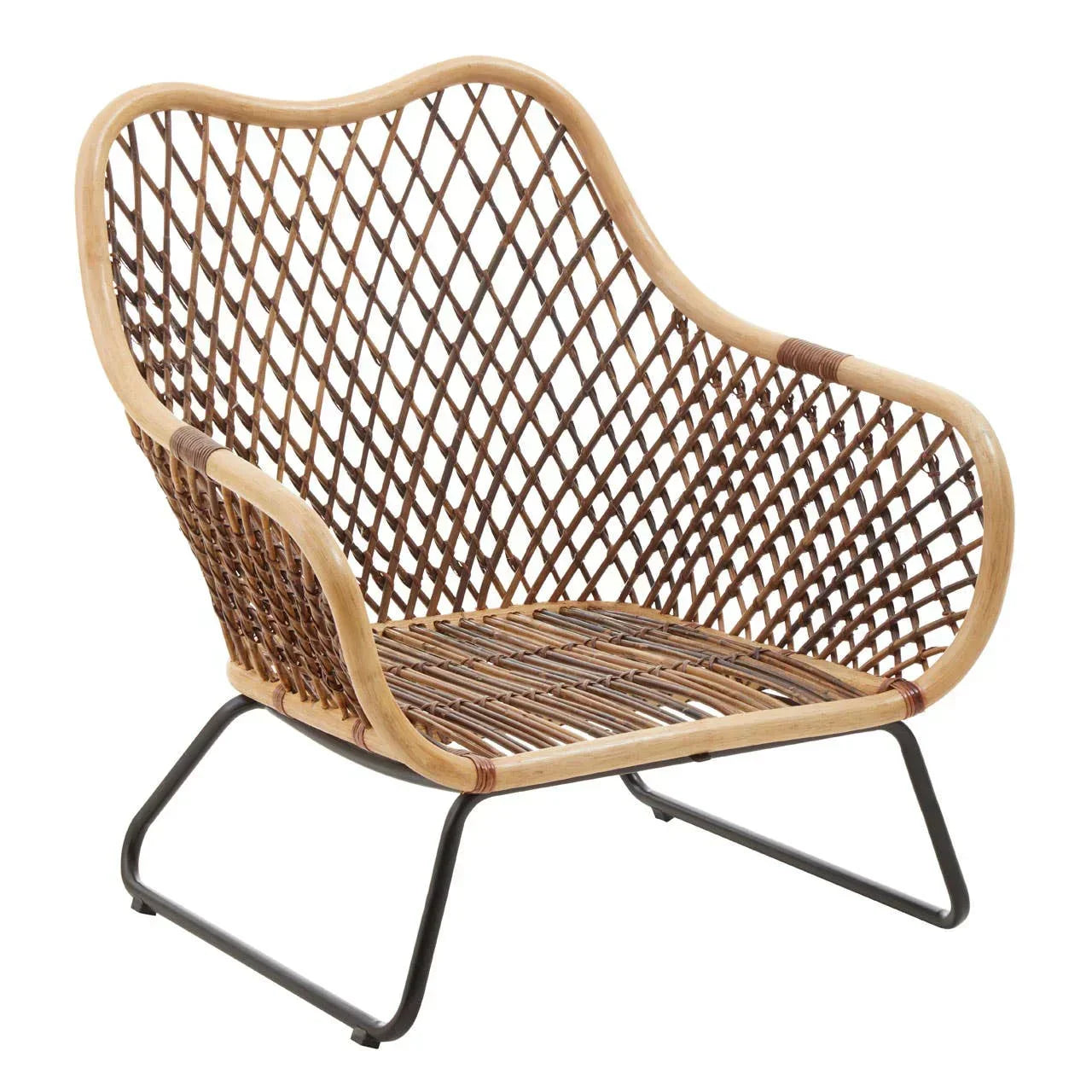 Rattan armchair with curved natural frame and black metal legs on white background