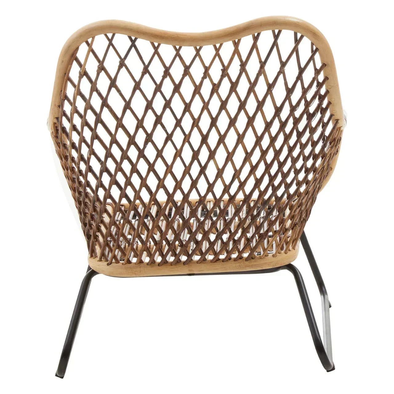 Back view of rattan lounge chair with black metal legs and woven seat detailing