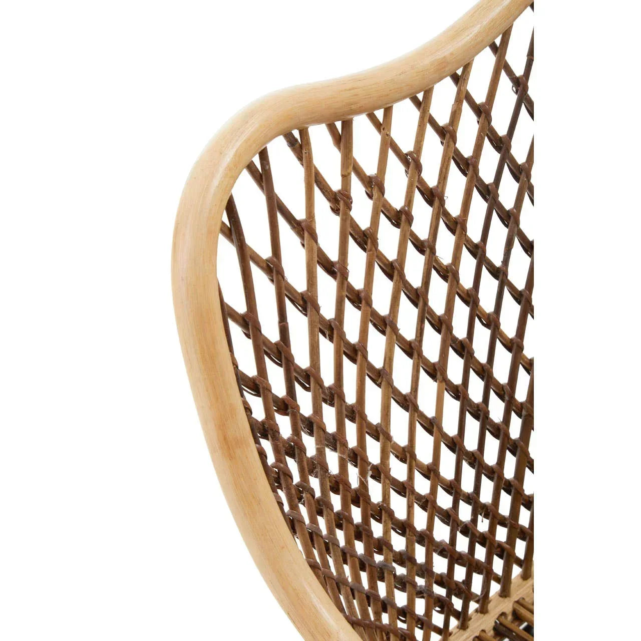 Closeup of rattan dining chair backrest with natural wood frame and woven pattern