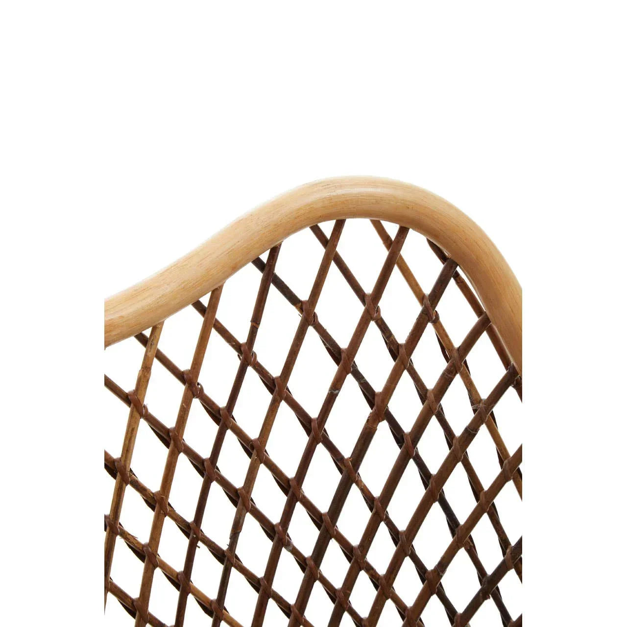 Curved rattan chair backrest with lattice weave and natural wood finish
