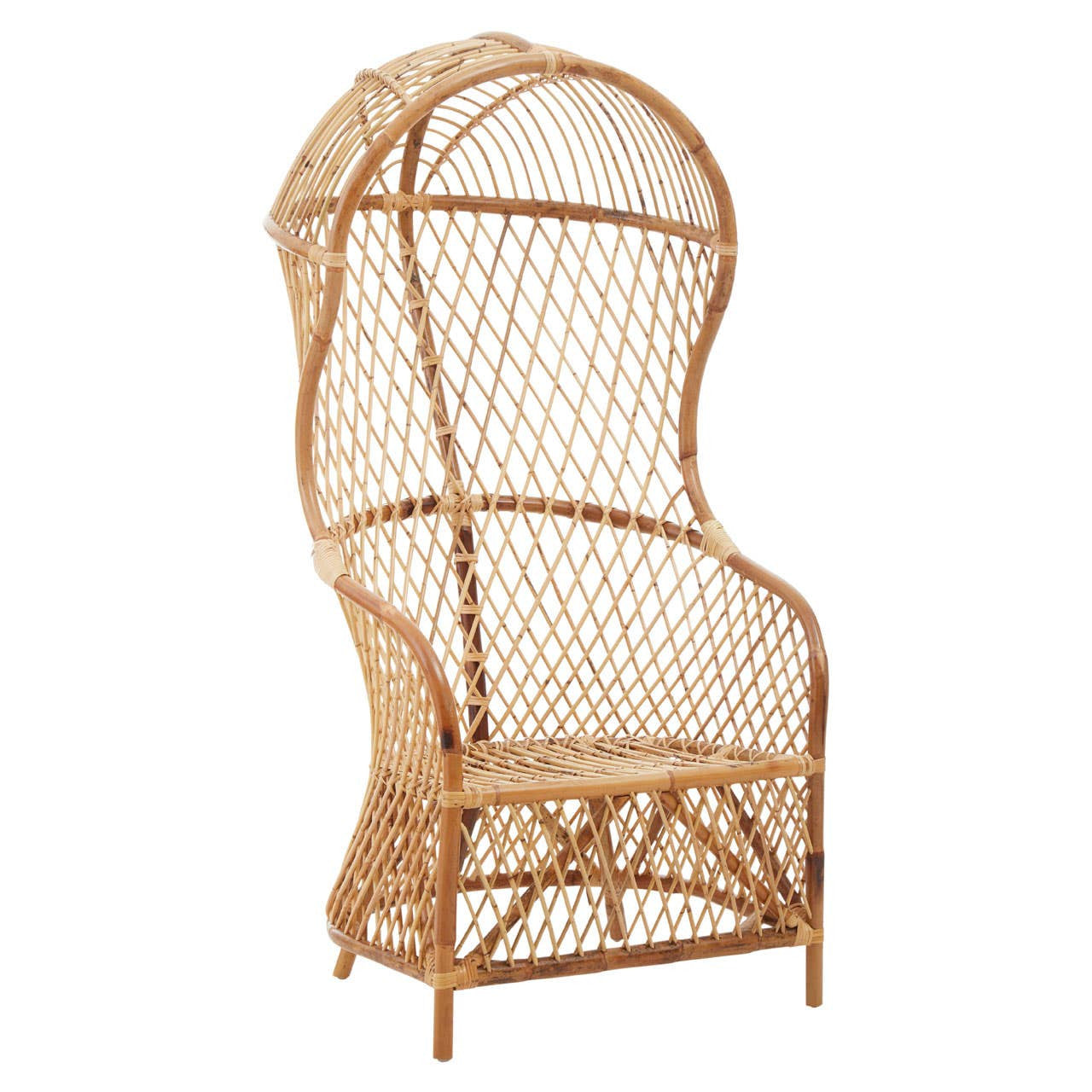 High back chair made of natural rattan, featuring an intricate woven design and a sturdy frame. The chair has a curved silhouette and a wide seat, ideal for comfortable seating in a living space or patio. The light brown color of the rattan adds a warm, natural touch to any decor