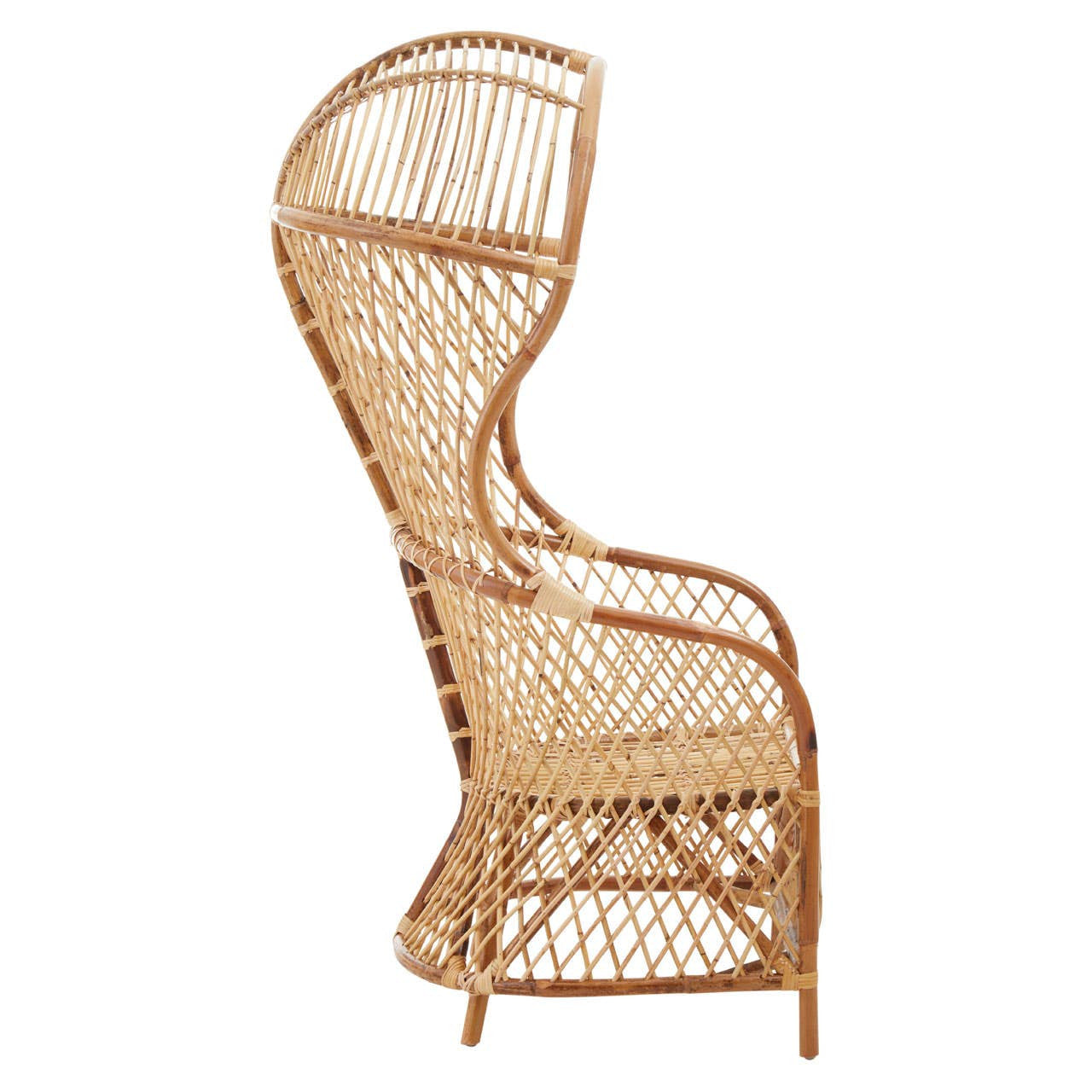 High back chair made of natural rattan, featuring a curved design and intricate woven patterns. The chair has a sturdy base and a sleek silhouette, showcasing its organic texture and warm tones
