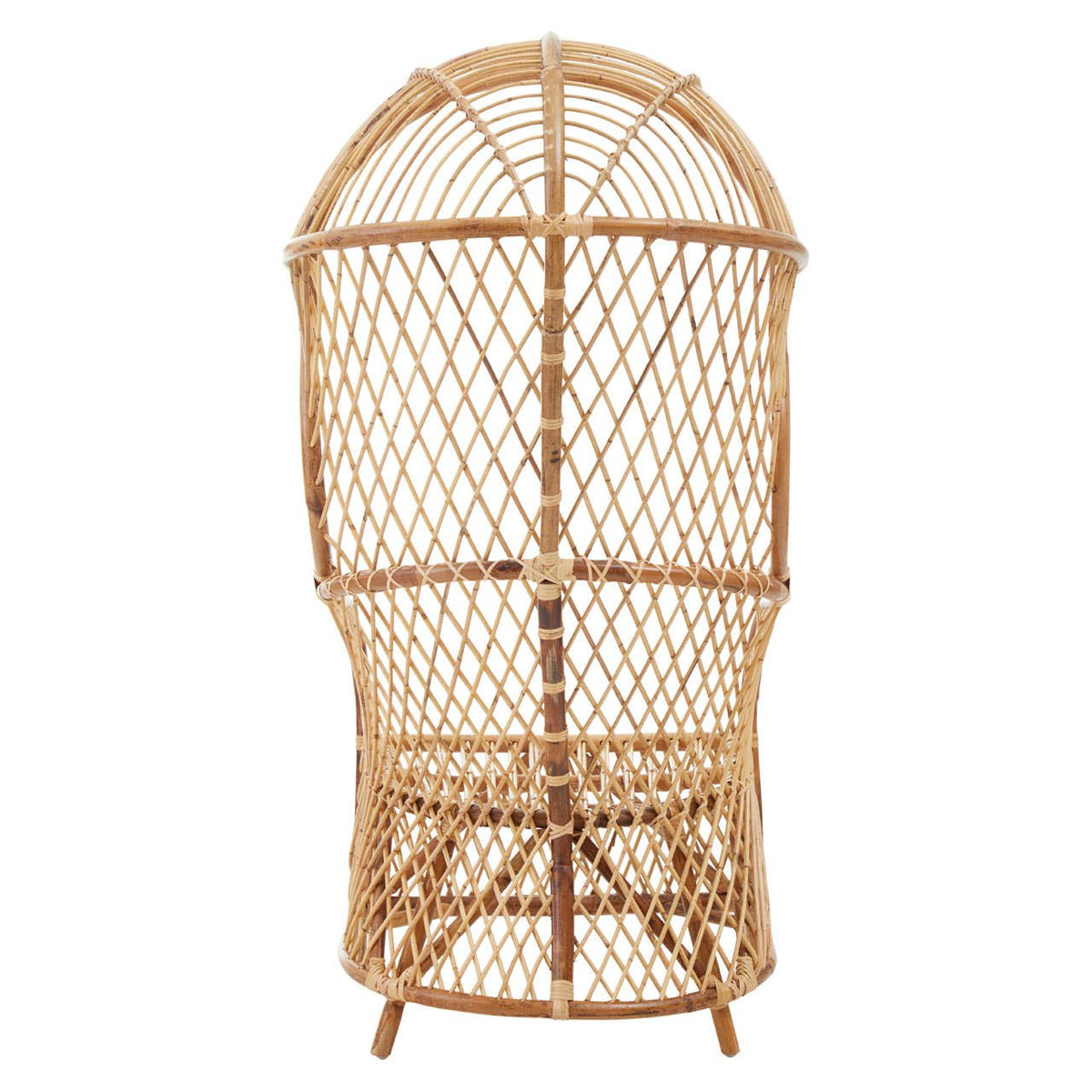 High back chair made of natural rattan, featuring a woven design with an arched top and a sturdy base. The chair has a light brown finish, showcasing the texture of the rattan material