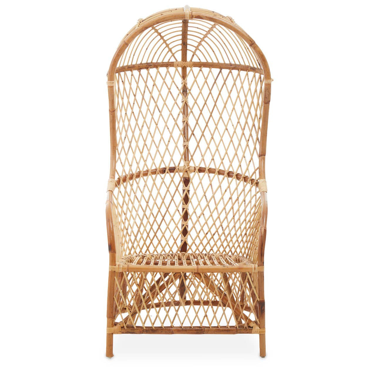 High back chair made of natural rattan with a woven design, featuring an arched top and a sturdy base. The chair showcases a light, neutral color that highlights the natural texture of the rattan