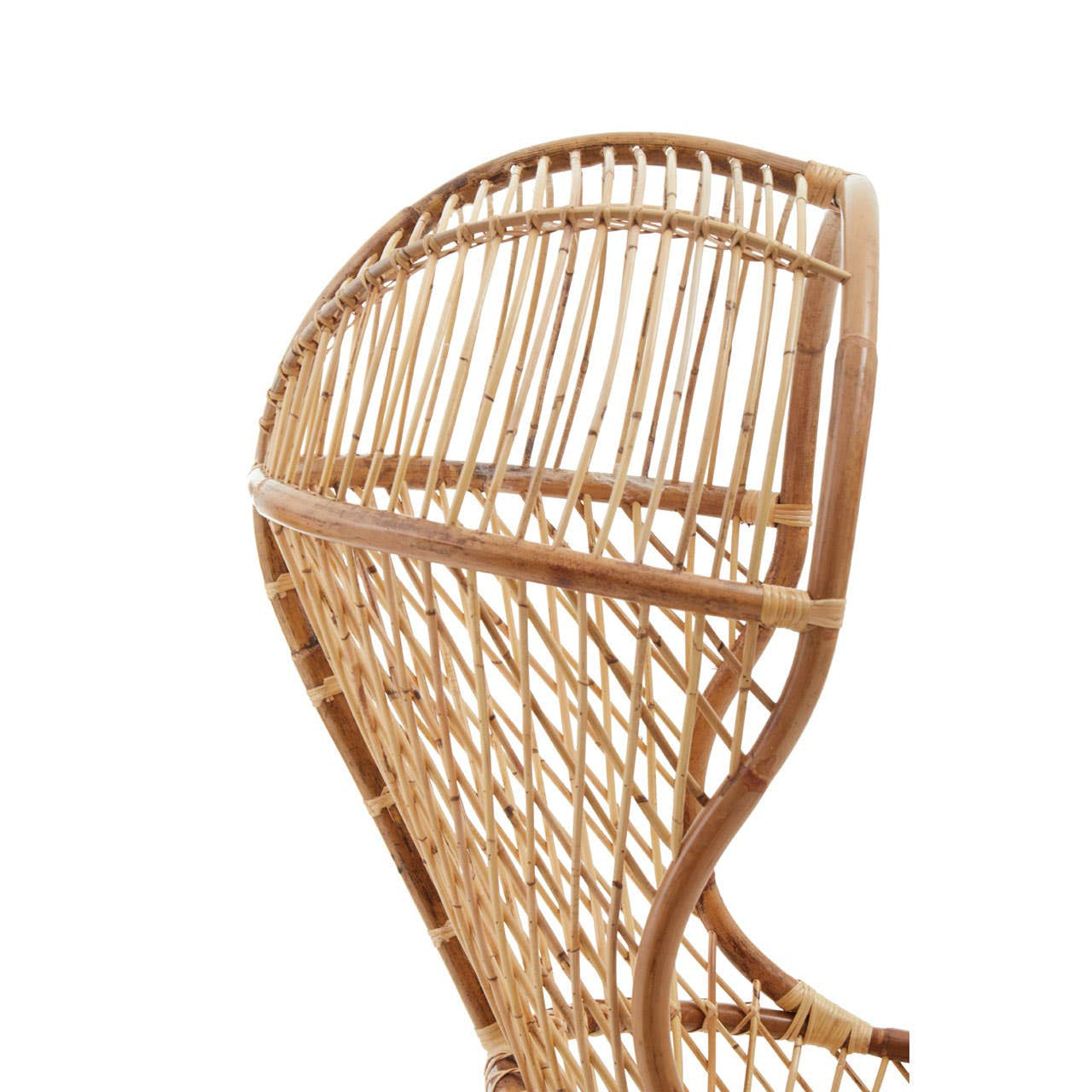 High back chair made of natural rattan, featuring a curved design with vertical slats and a sturdy base, showcasing a light brown finish