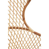 High back chair made from natural rattan, featuring a woven lattice design and a curved armrest. The chair showcases a light, earthy tone, emphasizing its organic materials and craftsmanship