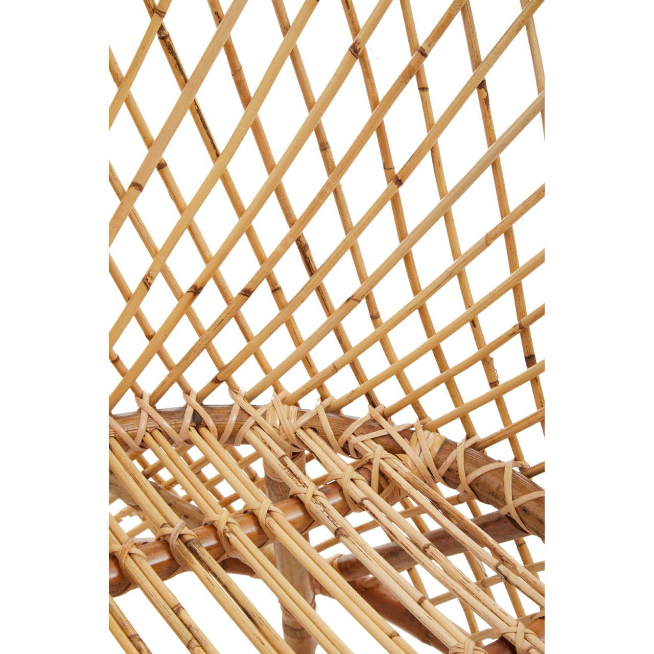 Natural rattan chair featuring a high back design with a woven pattern, showcasing the intricate lattice work and smooth finish of the rattan material. The chair's structure emphasizes a light, airy aesthetic suitable for home decor