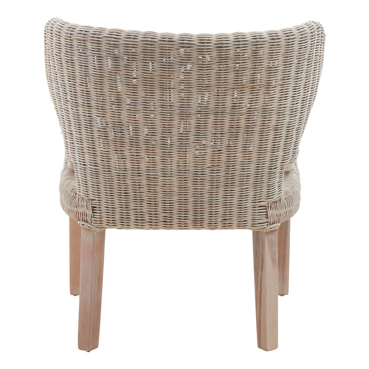 Wicker chair with a curved backrest and light beige woven texture, supported by four wooden legs. The design features a cozy and inviting appearance, suitable for home decor